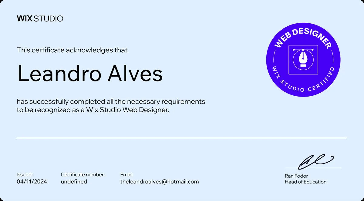 Certificado Wix Studio Web Designer de Leandro Alves