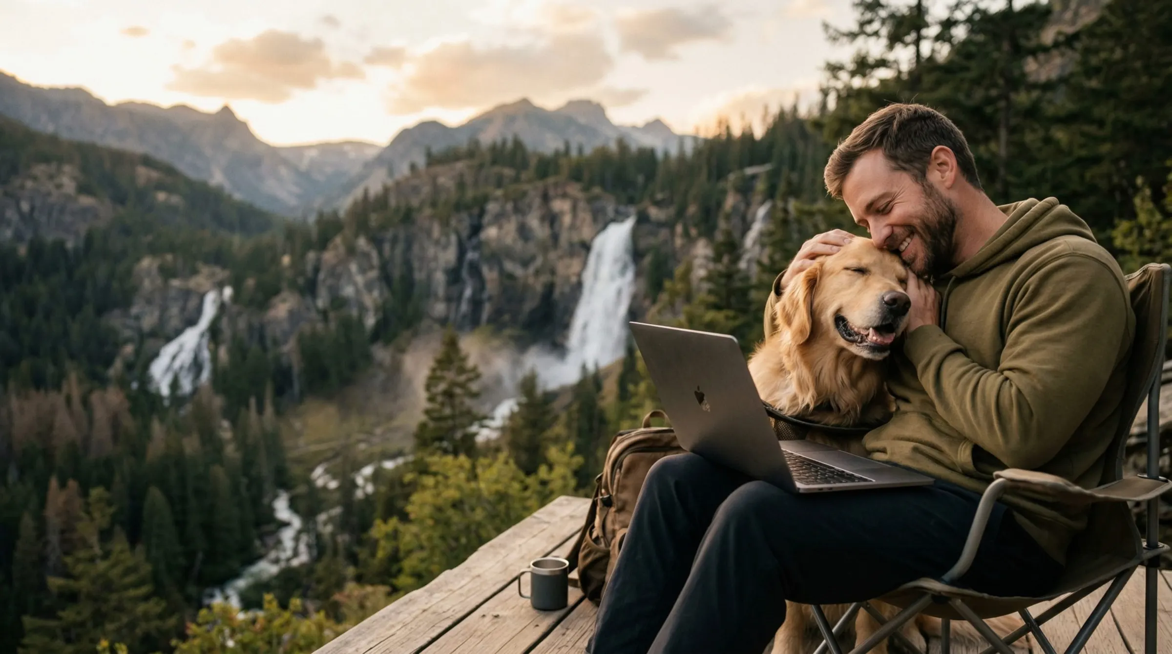 Profissional trabalhando no notebook ao lado do seu cachorro, num mirante com montanhas e cachoeira